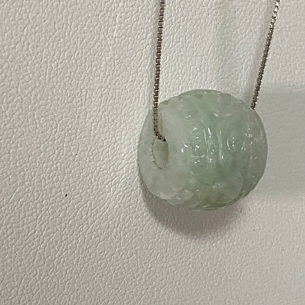 Intricate Carved Jade "Longevity" Barrel Bead Necklace – Sterling Silver Chain - Picture 4 of 4